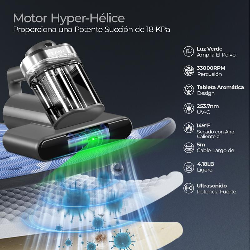 Teant Mattress Vacuum Cleaner for Dust Mites Removal,(14Kpa/18Kpa) Bed Vacuum with UV-C Light & 149°F Hot Air & Aroma Tablet & LED Display, Hyper Helix Motor& Powerful Suction Double-Cup Handheld Vacuum Cleaner with HEPA Filter for Bed Couch Sofa Carpet