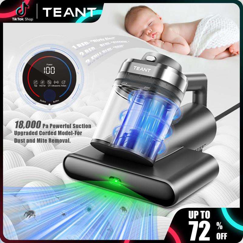 Teant Mattress Vacuum Cleaner for Dust Mites Removal,(14Kpa/18Kpa) Bed Vacuum with UV-C Light & 149°F Hot Air & Aroma Tablet & LED Display, Hyper Helix Motor& Powerful Suction Double-Cup Handheld Vacuum Cleaner with HEPA Filter for Bed Couch Sofa Carpet